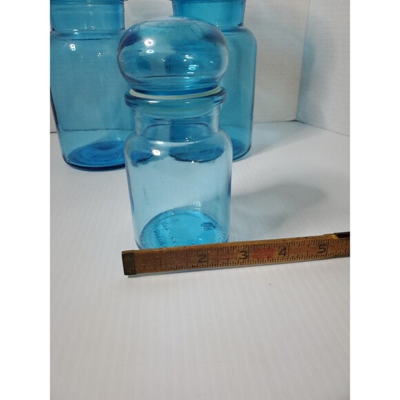 RARE Vtg Blue Glass Apothecary Bubble Lid Jars Bottles Set Of 3 MCM Belgium - Picture 4 of 14